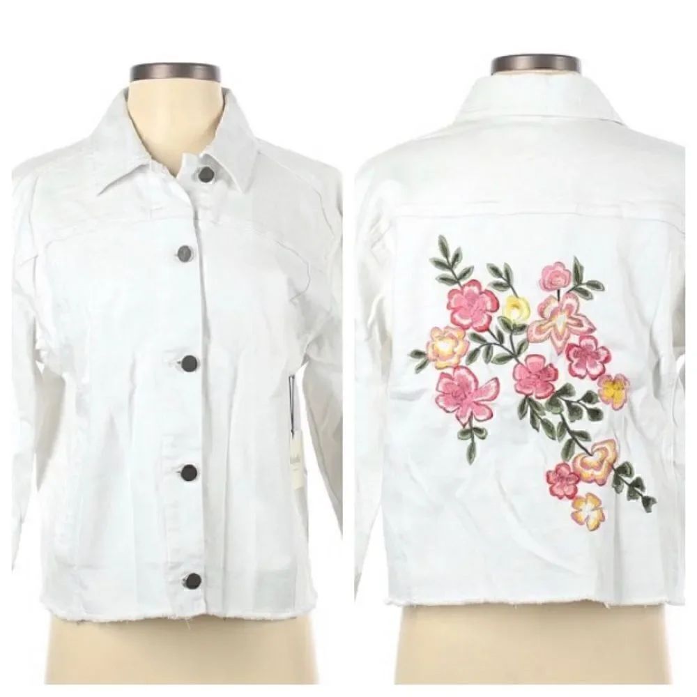 Rafaella Weekend floral Embroidery white denim 3/4 sleeved jacket sz Large